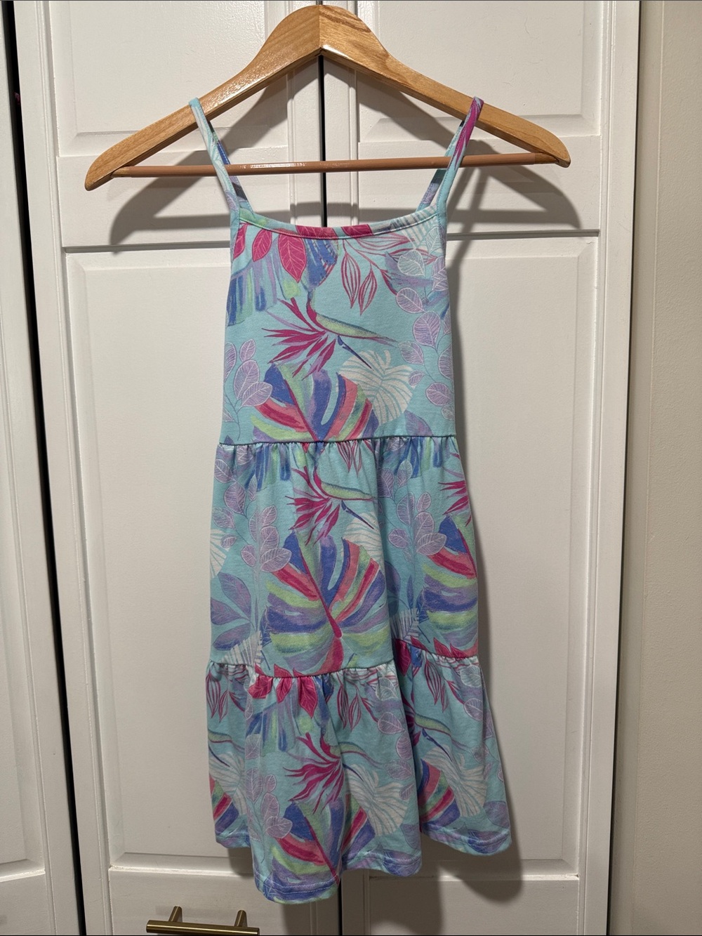 Place Aqua Tropical Leaf Tiered Sundress with Pink and Purple Accents